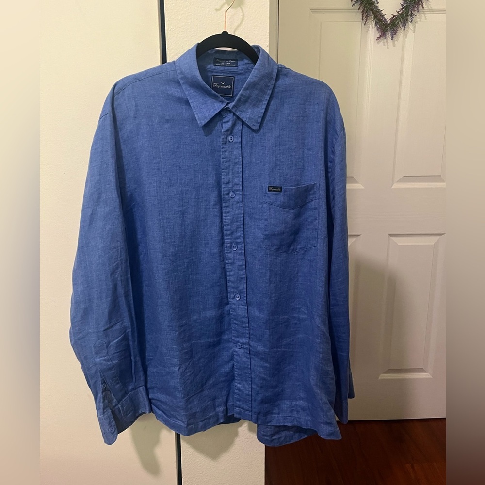 Faconnable Men's Linen Blue Button Down Shirt